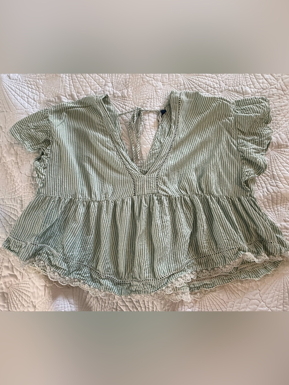 American Eagle Outfitters Light Green & White Striped Peasant Top